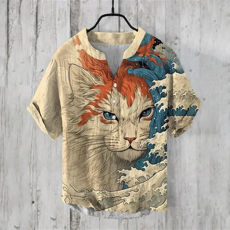 2025 Elegant Comfortable Fashion Shirt Men's Summer New Short Sleeve 3D Printed V-Neck Three-Button Holiday Shirt S-5XL - Image 6