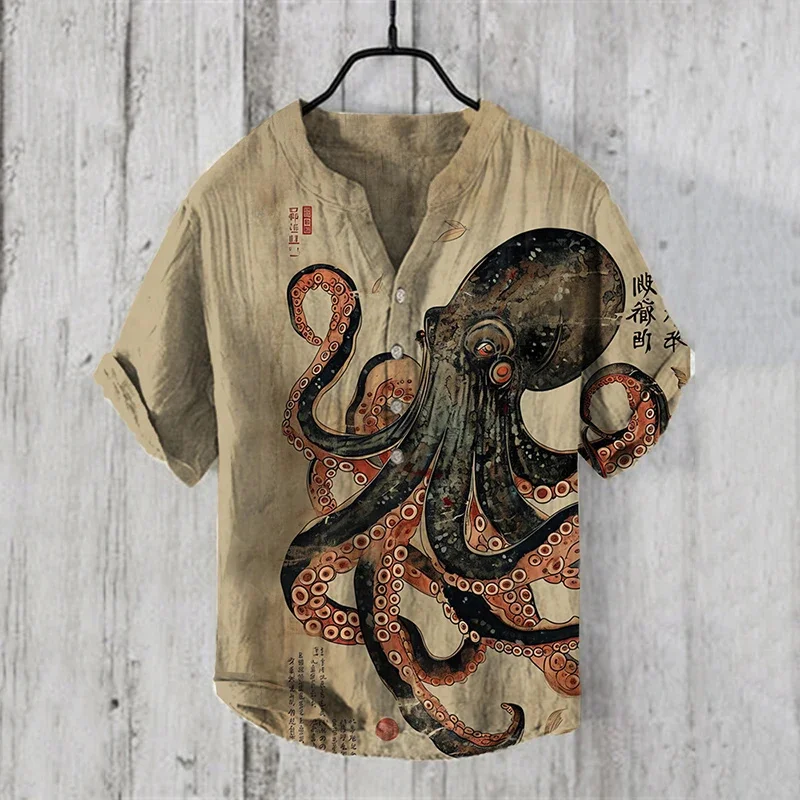 2025 Elegant Comfortable Fashion Shirt Men's Summer New Short Sleeve 3D Printed V-Neck Three-Button Holiday Shirt S-5XL
