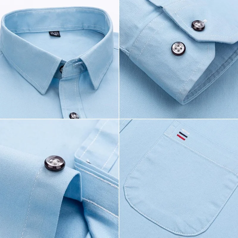 New 100%Pure Cotton Men's Shirts Long Sleeves Solid Color Soft Regular Fit Casual Shirt Pocket Social Blouse Male Clothes S-7XL - Image 2