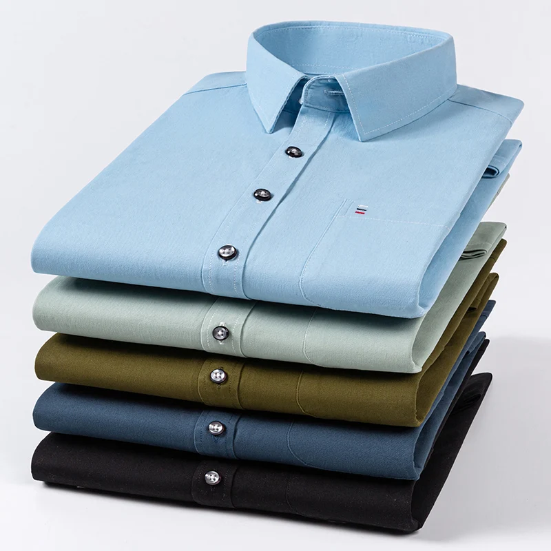 New 100%Pure Cotton Men's Shirts Long Sleeves Solid Color Soft Regular Fit Casual Shirt Pocket Social Blouse Male Clothes S-7XL