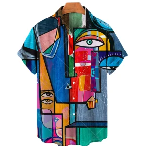 2024 3d Graffiti Oil Painting Printed Shirt Men Fashion Streetwear Hawaiian Beach Casual Lapel Plus Size 2024
