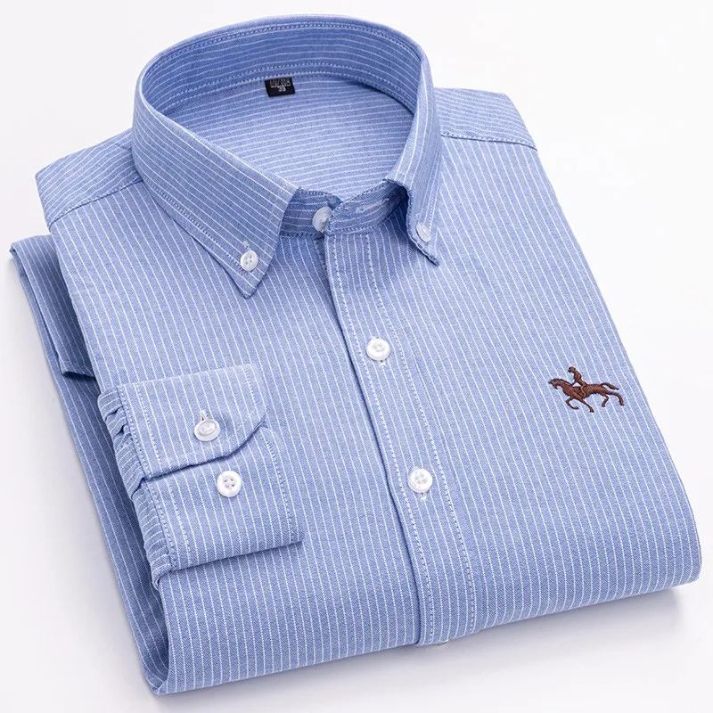 S-6XL Casual Pure Cotton Oxford Mens Shirts Long Sleeve Embroidery Horse Design Regular Fit Fashion Button Man White Dress Shirt - Image 2