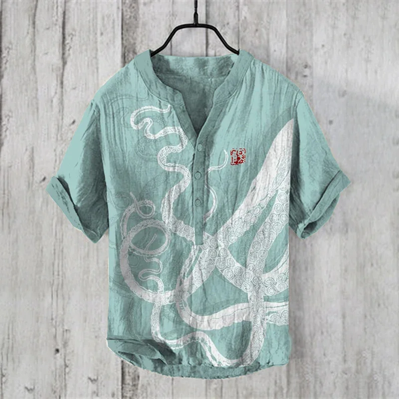 2025 Elegant Comfortable Fashion Shirt Men's Summer New Short Sleeve 3D Printed V-Neck Three-Button Holiday Shirt S-5XL - Image 5